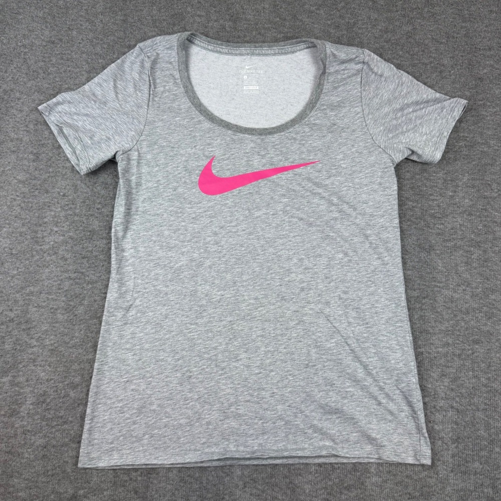 Nike T-Shirt Womens Small Gray Pink Swoosh Dri-FIT Athletic Cut Scoop Neck Tee